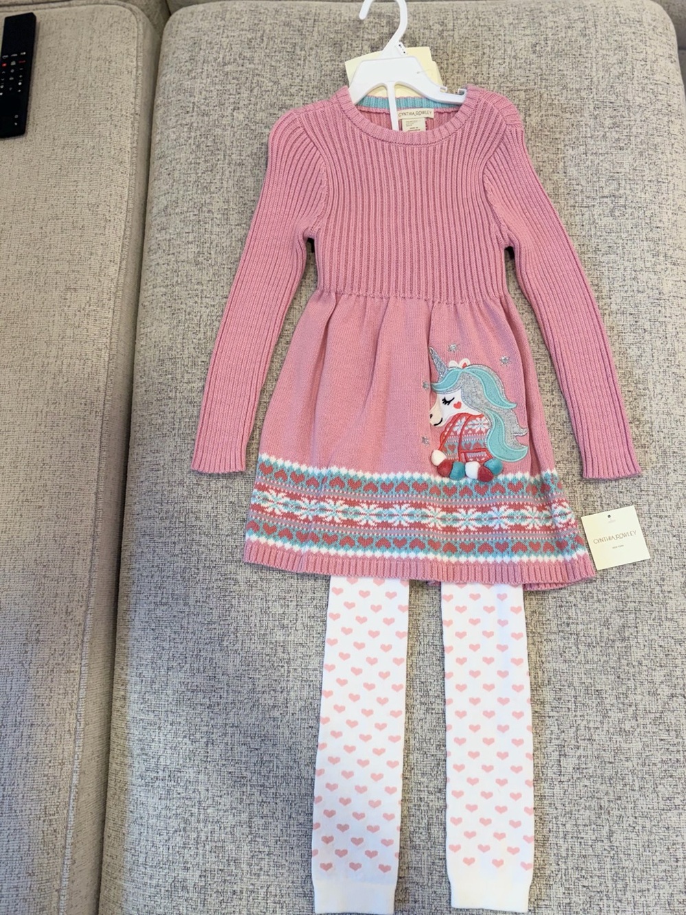 Cynthia Rowley Girls Pink Unicorn Knit Sweater Dress & Leggings Set Size 7/8 NWT